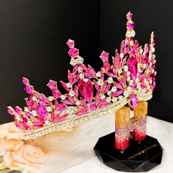Fuchsia Gemstone Crown, Birthday Tiara, Wedding Headband, Prom Crown, Gold Tiara main image 9